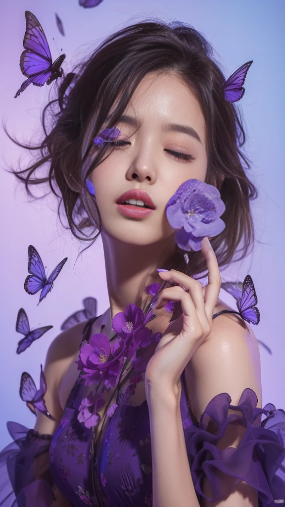 Purple flowers floating in the air,woman in purple dress, inspired by Yanjun Cheng, Artwork in the style of Guweiz, Beautiful digital illustrations, Beautiful digital art work, author:Li Song, author:Yang Jie, author Ni Tian, Beautiful digital illustrations, 8k high quality detailed art, guweiz, Popular on cgstation, Inspired by Russell Dongjun Lu