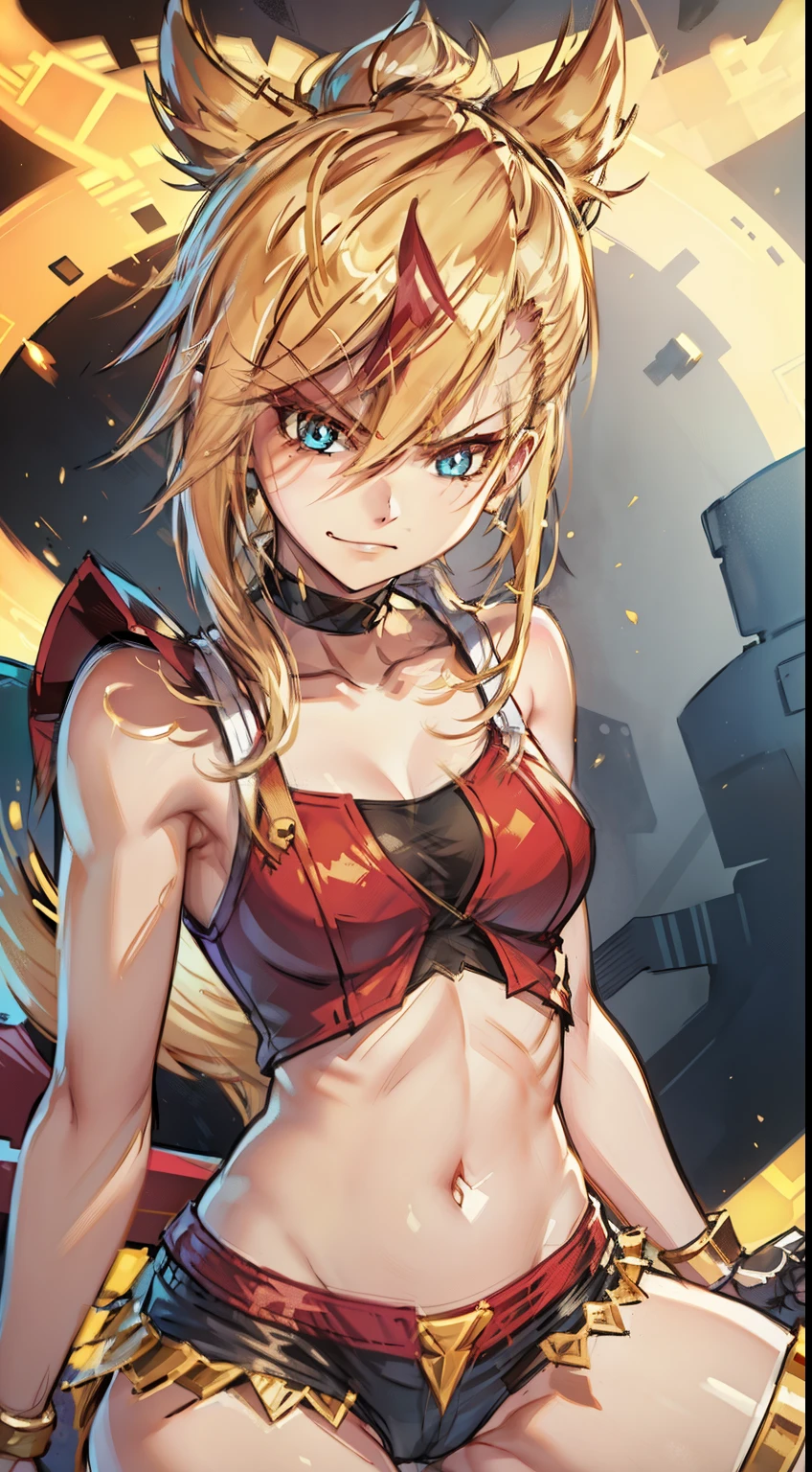 young girl, ultrs long blonde hair, Hairpin with a bundle, turquoise eyes, red tight uniform, Sleeveless, Wide neckline on the chest to the abdomen, Gold Elements, Red gold armor, Shorts, claws, smirk, Good detail, cute pose, mean, evil look