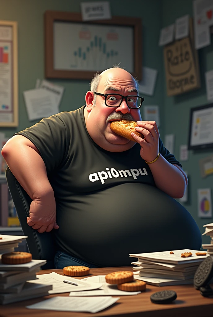 white male, aged 50, baldie, cheeky, Scrawny, but very pot-bellied, wrinkled face, wearing glasses, eating baguette with ham, leaning against a cluttered computer desk, stacks of papers, Oreo crumbs and cookies. Wearing a black shirt with the phrase AP0I0 MPU