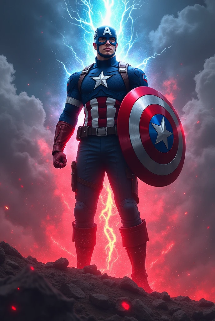 The fragment merges with Captain America’s shield, the red energy from the stone intertwining with the blue of the shield, creating a powerful aura that bursts outward. The sky behind him is stormy, reflecting the turmoil of the transformation
