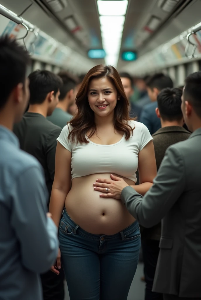 Beautiful teacher, pregnant, very Big Belly, beautiful Korean face, Long black hair, breast is very large and firm, showing her Belly, Wearing a long sleeve white button down shirt and a tight short office skirt with stockings, Belly one navel, very big fat body, Train passengers, huge breasts