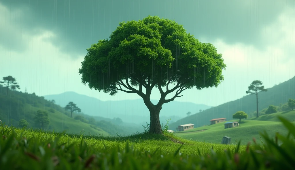 a 3d pixar animation style of an amate tree in the middle of the country side of el salvador during a rain fall