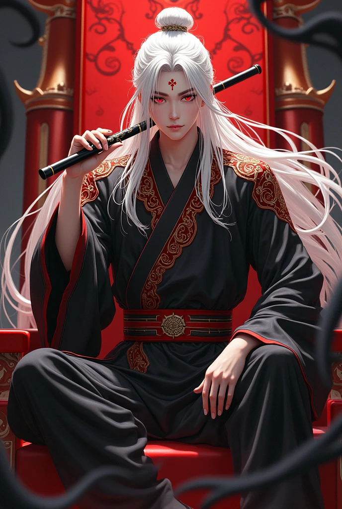 A full body image of a 20 year old boy with red eyes, long white hair loose with black ancient Chinese robes with red and gold details, with a small mark in the middle of his forehead in the shape of a four-petaled red flower. 
He has to be sitting on a crimson throne surrounded by black energy. 
He has a slight smile on his lips and in his hand he has a black flute and he has to be balancing the flute in his right hand between his fingers..