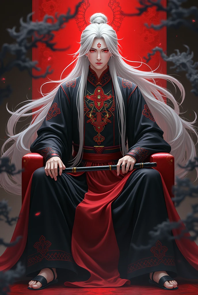A full body image of a 20 year old boy with red eyes, with long white hair loose with black ancient Chinese robes,red and gold, The color coming from the tunic is blacker.
with a small mark on its forehead in the shape of a four-petaled red flower.
He has to be sitting on a Crimson throne surrounded by black energy.
He has a slight smile on his lips and in his hand he has a black flute and he has to be playing with the flute in his right hand between his fingers..