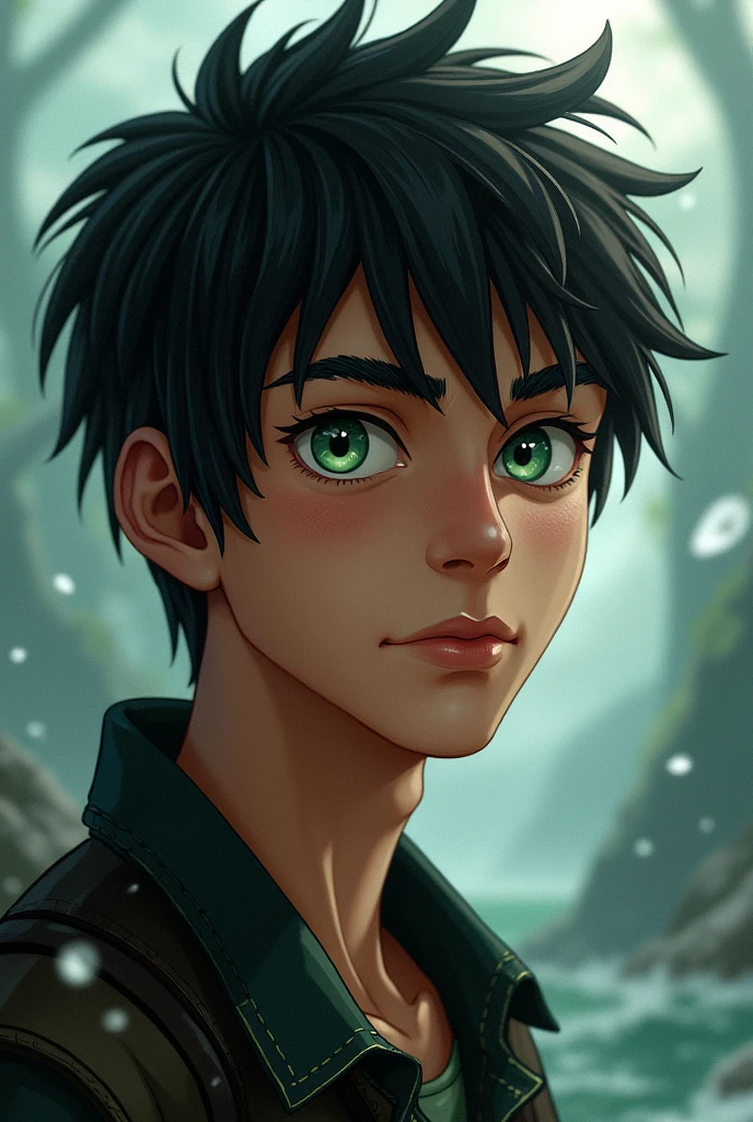 Percy Jackson is described as an ordinary-looking young man., but with a charm and an aura of adventure that makes it special. its physical characteristics, While simple, reflect your strong and courageous personality.
Outstanding features:
hairs: Their hair is generally described as black and unruly., often messed up by the adventures he lives, with a white lock due to his effort to carry the sky Eyes: His eyes are an intense, bright sea green., that convey a sense of depth and mystery. The color of your eyes is often associated with your connection to the sea..
physical build: Percy has an athletic build, result of his training at Camp Half-Blood and his adventures. He is described as strong and agile, com uma postura confiante.