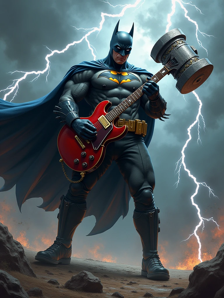 Rock Batman marvel with hammer shaped guitar with thunder in the background and a very rock vibes.