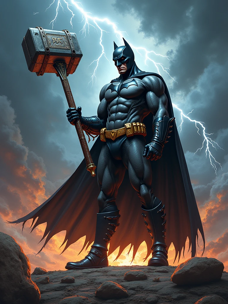 Rock Batman marvel with hammer shaped guitar with thunder in the background and a very rock vibes.