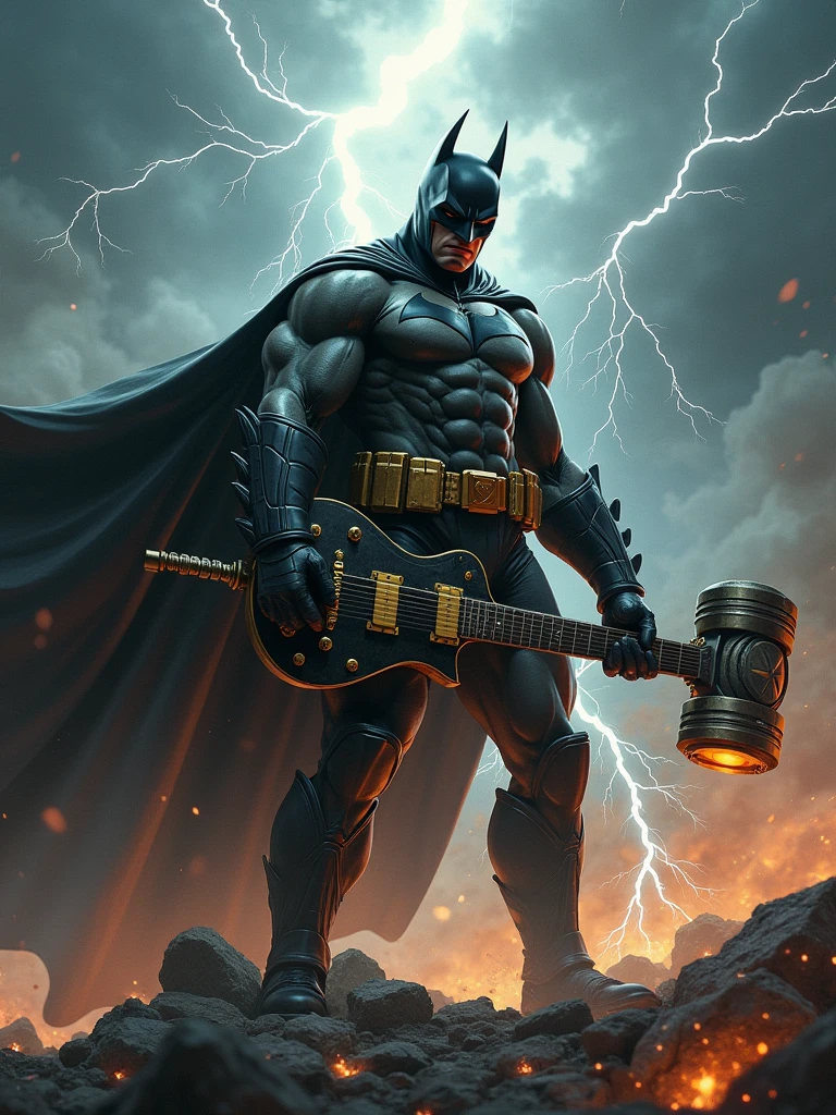 Rock Batman marvel with hammer shaped guitar with thunder in the background and a very rock vibes.