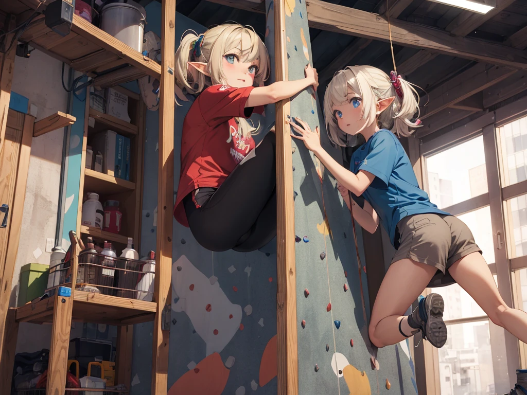 ((Highest quality)), ((masterpiece)), (detailed), Youth Hotel、Elf girls、Climbing clothes、