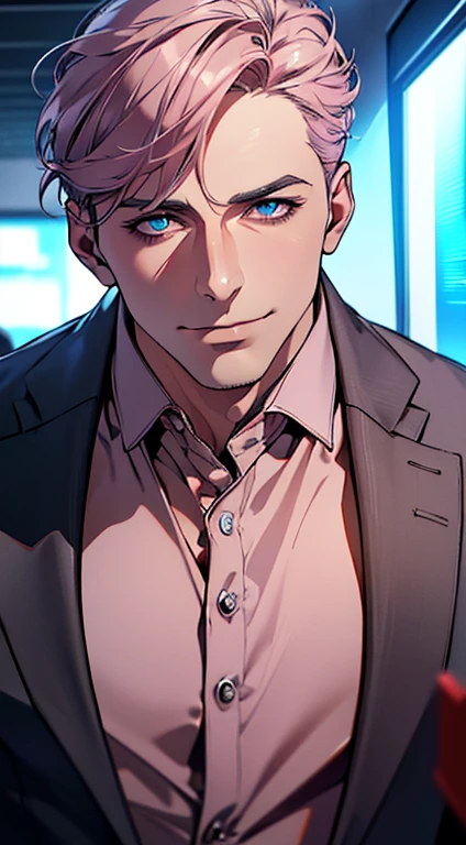 (best quality,4k,8k,highres,masterpiece:1.2),ultra-detailed,(realistic,photorealistic,photo-realistic:1.37),1 man,3,mature man,very handsome,without expression,smile,short grey pink hair,blue eyes,penetrating gaze,perfect face without errors,imposing posture,businessman,office background,cinematic lighting,hdr image