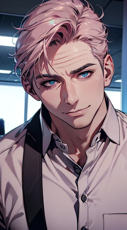 (best quality,4k,8k,highres,masterpiece:1.2),ultra-detailed,(realistic,photorealistic,photo-realistic:1.37),1 man,3,mature man,very handsome,without expression,smile,short grey pink hair,blue eyes,penetrating gaze,perfect face without errors,imposing posture,businessman,office background,cinematic lighting,hdr image