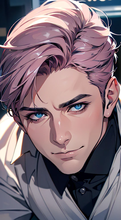 (best quality,4k,8k,highres,masterpiece:1.2),ultra-detailed,(realistic,photorealistic,photo-realistic:1.37),1 man,3,mature man,very handsome,without expression,smile,short grey pink hair,blue eyes,penetrating gaze,perfect face without errors,imposing posture,businessman,office background,cinematic lighting,hdr image