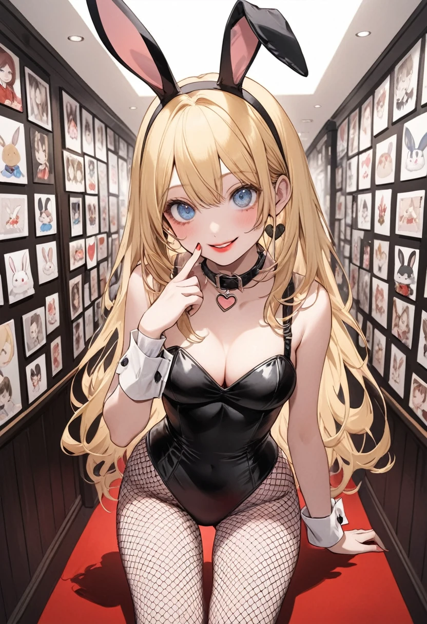 Bunny girl illustration. The character wears an attractive bunny girl costume. Her costume features a black leotard, a rabbit ear headband, white cuffs and collar, and a small tail. smiling a little,red lips,Fishnet tights,(blonde blue eyes),with crazy eyes,spoken heart,(There are photos of rabbits all over the walls of the large room),stand in the middle of the room,(licking finger)