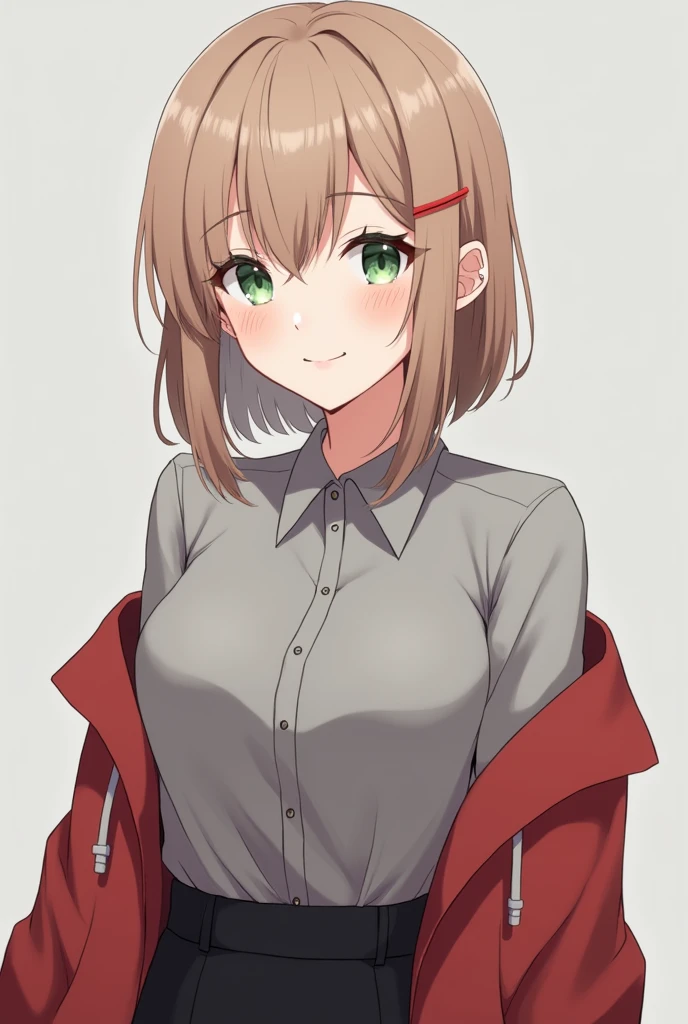 More mature anime style image. A gray background image. A teenager with light brown hair, light green eyes, piercings in both ears and a friendly smile, wore a gray blouse and over it a red coat and black pants.