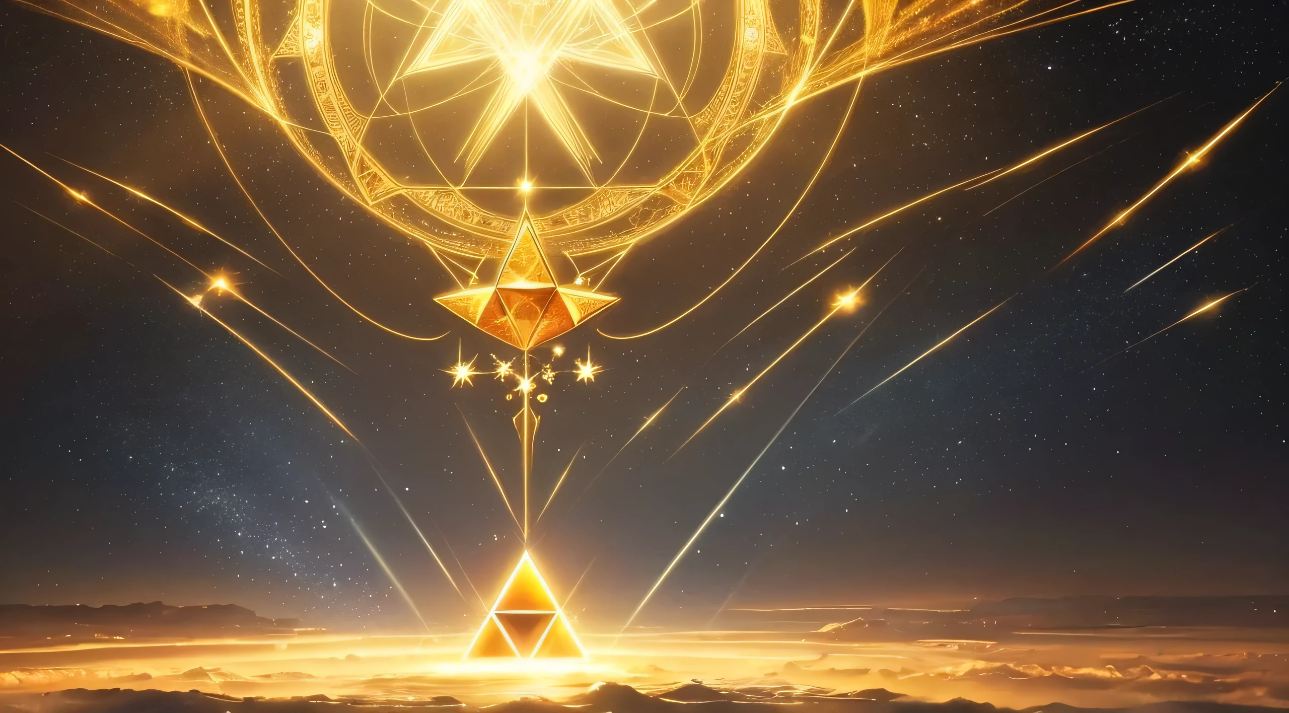 "A detailed and symbolic depiction of the Triforce from The Legend of Zelda. The Triforce is presented as a radiant, triangular symbol composed of three interconnected triangles, each glowing with a golden light. The individual triangles are arranged in a larger triangle, with each small triangle representing one of the three virtues: Power, Wisdom, and Courage. The golden light emanates from the Triforce, casting a warm, ethereal glow that highlights its intricate, geometric edges and the subtle engravings on its surface. The background is a dark, starry sky or a mystical, ancient setting, enhancing the Triforce's divine and otherworldly presence. The overall effect is one of sacred and powerful magic, symbolizing the balance and harmony of the three virtues it represents."