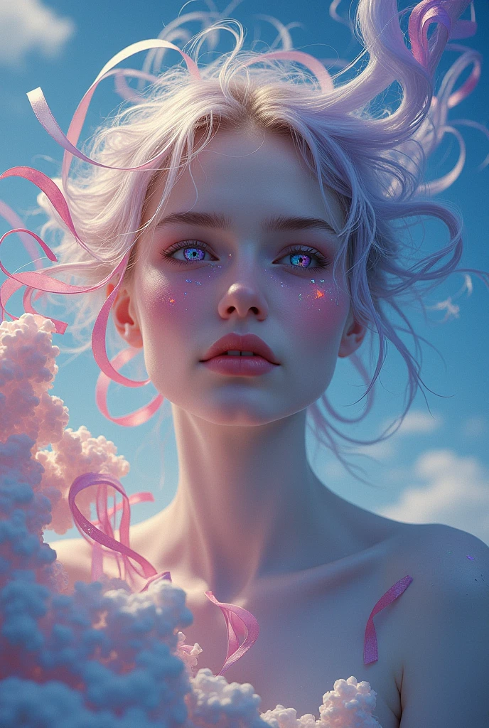 _james jean, floating female figure made of ribbons, smoke, in the sky, colorful and vibrant, mystical colors, contemporary impressionism, yanjun cheng portrait painting, iridescent painting, 3/4 perspective view, cute face, low angle, sweeping circling composition, large beautiful crystal eyes, big irises, UHD, HDR, 8K, (Masterpiece:1. 5), (the most beautiful portrait in the world:1.5)