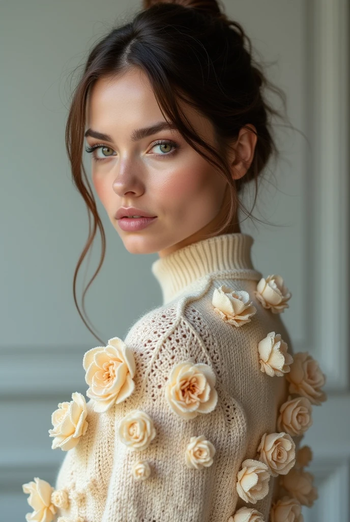 European woman model wearing knitted cardigan with lots of small crochet flowers sewn onto the cardigan. 