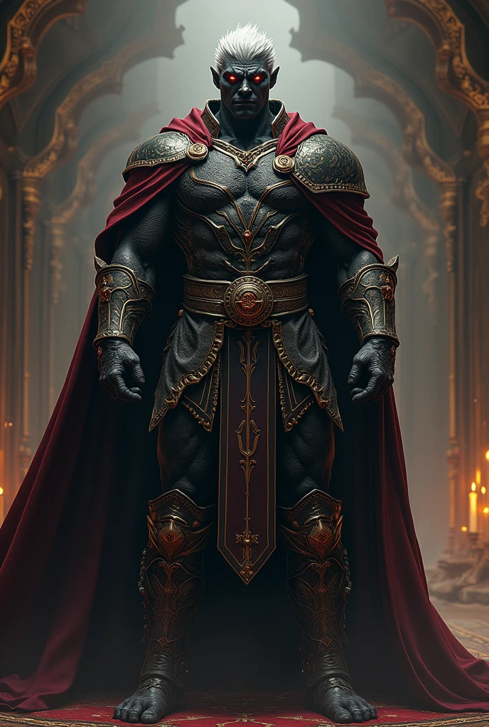black dragonborn, nobleman, fallen paladin, scarlet red eyes, short white hair.