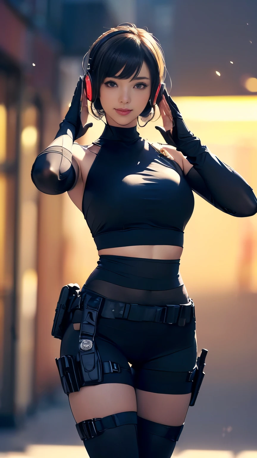 (A woman),(((A woman salutes with her right hand.:1.5))),(((Straighten the left hand:1.5))),((Black tactical tights:1.5)),((Black headphones:1.5)),((Black tactical holster:1.5)),(Black Gloves:1.5),(Smile:1.5),(short hair:1.5),(beautiful eyes:1.3),(Very detailedな顔:1.5),((Very detailedな女性の手の描画:1.5)),((muscular:1.5)),(y appearance:1.5),((Thick thighs:1.5)),(Beautiful Body:1.5),((Very sensual:1.5)),(Background is the city:1.5),(((Blurred Background:1.5))),(Written border depth:1.5),rest(((masterpiece:1.5),(best quality:1.5),(Very detailed:1.5),(high resolution:1.5),(Practical:1.5),(Practical:1.5),(Delicate depiction),(Carefully drawn))),8K,wallpaper