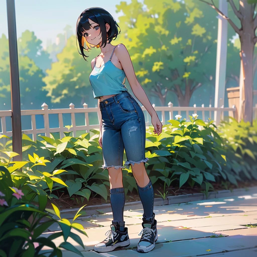 (high quality, High resolution, Very detailed, reality:1.37), Peaceful atmosphere, (Outdoor, garden), Teenage girl standing alone, (my breasts are big.), Beautiful details, Cute Smile, (Black bob hair), camisole, Denim pants, Blue socks, sneakers.