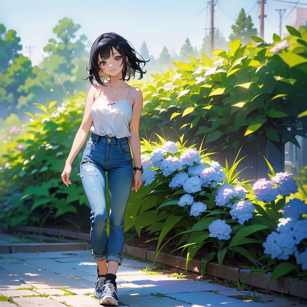 (high quality, High resolution, Very detailed, reality:1.37), Peaceful atmosphere, (Outdoor, garden), age girl standing alone, (my breasts are big.), Beautiful details, Cute Smile, (Black bob hair), camisole, Denim pants, Blue socks, sneakers.