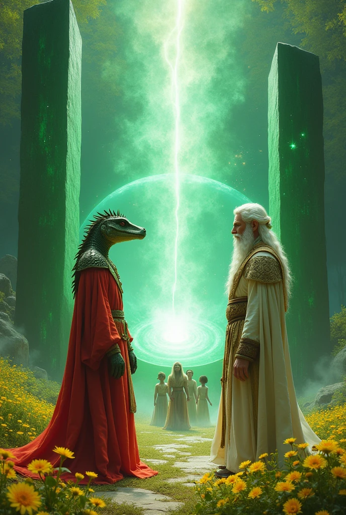 A reptilian in red formal attire and a white-haired Nordic man wearing elven robes stand in front of two large emerald obelisks set in a field of yellow flowers.. Between these obelisks a spiritual portal opens from which children of all ethnicities emerge.
