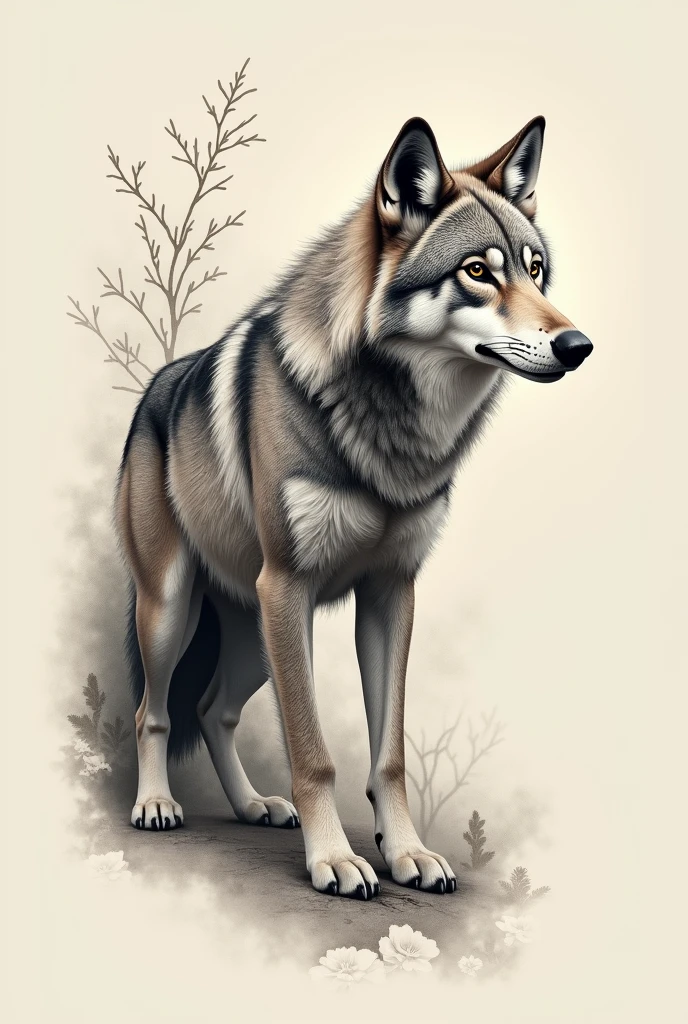 Short-snouted guardian wolf tattoo,offwhite, head proportional to the body