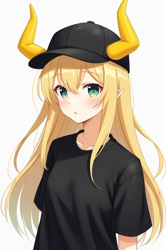 Blonde hair yellow horns black cap and black shirt