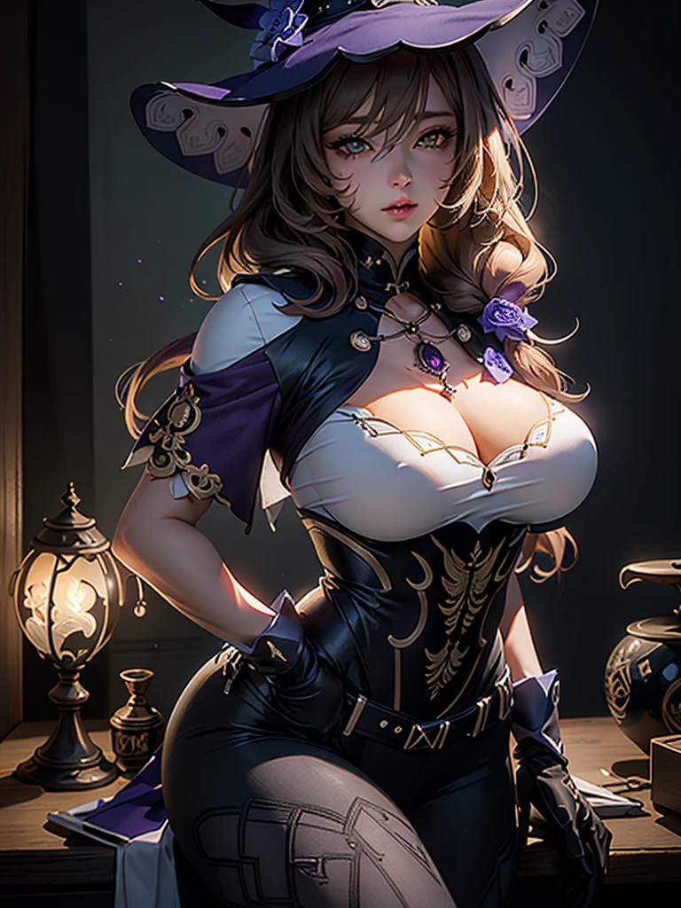 (Surreal), (Illustration), (High resolution), (in 8K), (Extreme Detail), (Best Illustration), (beautiful detail), (Best Quality), (masuter piece), (Wallpaper), ( Detailed face), purple color  hair、poneyTail、yellow  eyes、an eye patch、Black shirt、pant suit、neck tie、deacon、Wear less revealing clothing、full body Esbian、Realistic fantasy rendering, Realistic anime girl rendering, Full body portrait, (Big Breast: 1.4)  popular in CGSTATION, wlop. 4K、highlight in eyes、Night background,lisadef,