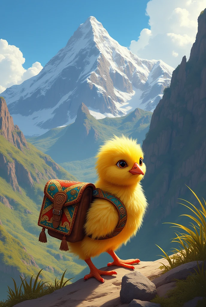 I'm making a cover for a song that has to do with a yellow chick climbing a Peruvian mountain. Please create an image of a yellow chick climbing a Peruvian mountain with an Inca bag.