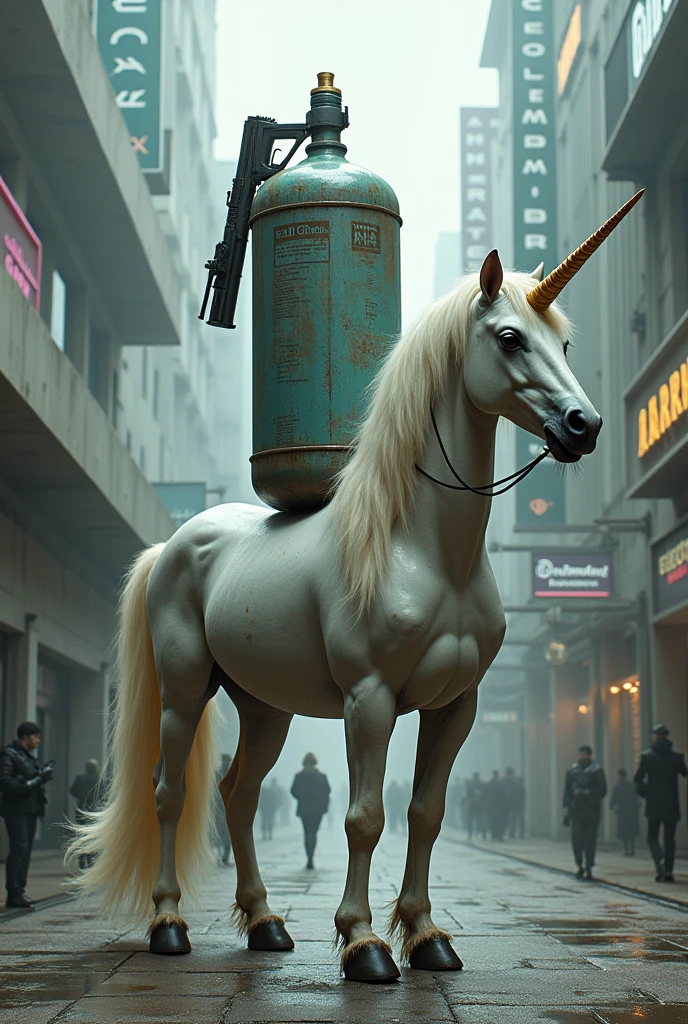 A gas cylinder on top of a unicorn in front of the Grajaú Terminal armed with two submachine guns 