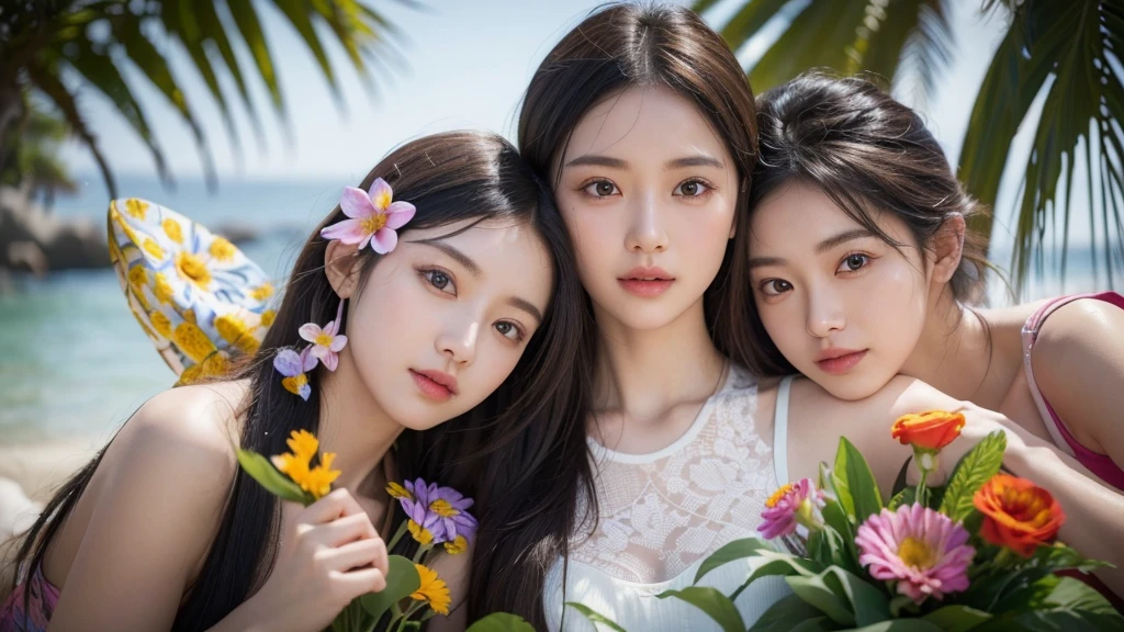 (8K, Super Quality: 1.2), (Masterpiece: 1.37), (Photorealistic: 1.37), (Ultra High Resolution), Four cute smiling K-pop girls in hippie casual clothes are playing instruments on a beach full of flowers and palm trees. Lively expressions, distinct eyes and faces. Beautiful composition, very clear, vivid, clean, realistic and vivid. Realistic and super high resolution details, realism to the limit, delicate textures, incredibly vivid and surreal detailed images, close-up focus, overall sharpness and details. (Insanely detailed, flowers: 1.5), (High Sharpness), (Detailed Pupils: 1.1), Detailed Faces and Eyes, Masterpiece, Super Quality, (Very Detailed Photographic: 1.1), (Young Woman: 1.1), Sharpness, (Perfect Body: 1.1), Realistic and Real Shadows, ..3D