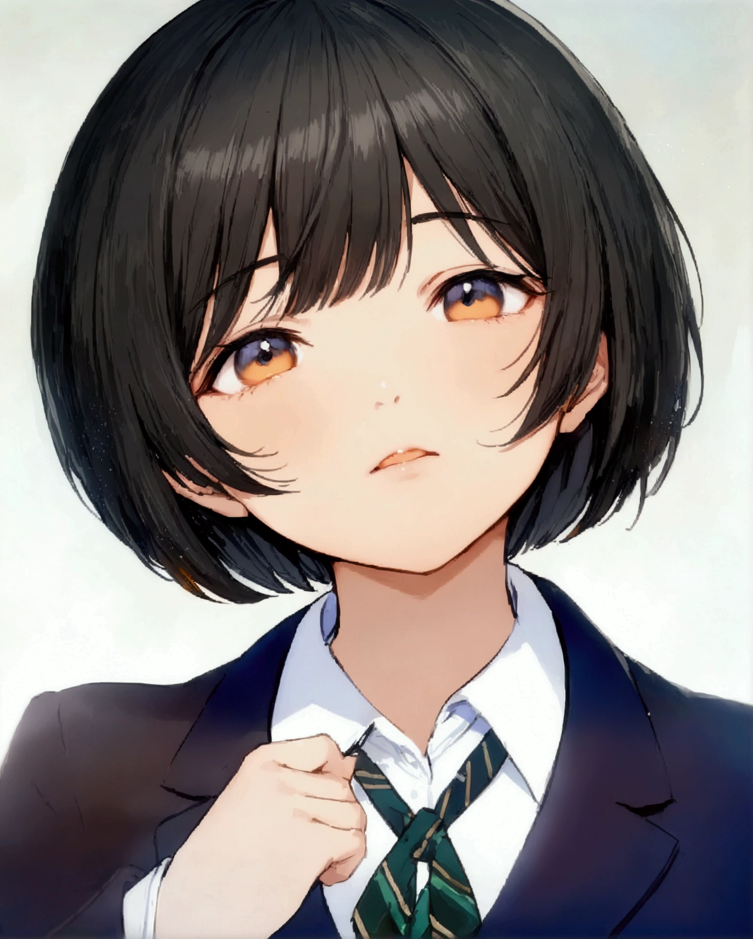 1girl, solo, jacket, blue eyes, short hair, shirt, bow, white shirt, bowtie, bangs, collared shirt, black hair, school uniform, blazer, standing, full body, white background, simple background, best quality, amazing quality, very aesthetic, masterpiece