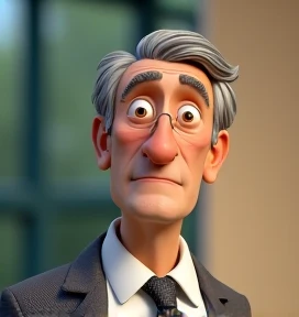 Create a style disney pixar, 3d character, of a 6 man, brown eyes, short gray hair, with a normal mouth, a large and airy nose, thick shadows, wearing dress clothes
