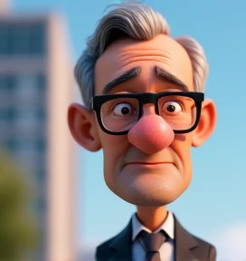 Create a style disney pixar, 3d character, of a 6 man, brown eyes, short gray hair, with a normal mouth, a large and airy nose, thick shadows, wearing dress clothes