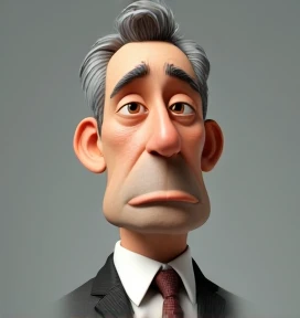 Create a style disney pixar, 3d  character, of a 6 man, brown eyes, short gray hair, with a normal mouth, a large and airy nose, thick shadows, wearing dress clothes