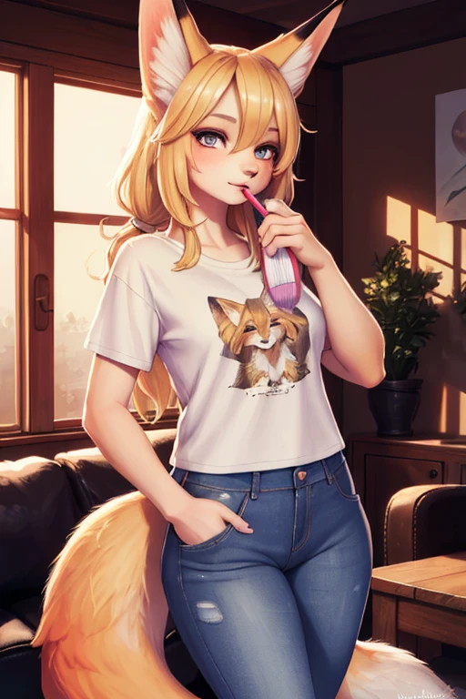 1girl, blonde hair, animal ear fluff, fox girl, multiple fox tails, oripathy lesion, t-shirt, jeans shorts, holding own tail, hairbrush, jumping excitedly, living room, best quality, 4k, 8k, highres, masterpiece, ultra-detailed, realistic, photorealistic, photo-realistic, detailed eyes, detailed lips, extremely detailed eyes and face, long eyelashes, illustration, digital painting, vibrant colors, dramatic lighting, cinematic composition
