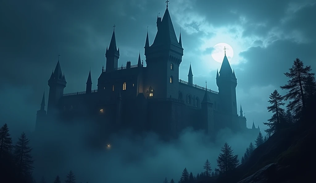 Full HD image of a mysterious medieval castle at night, Gothic style only in dark blue and dark purple tones with mist