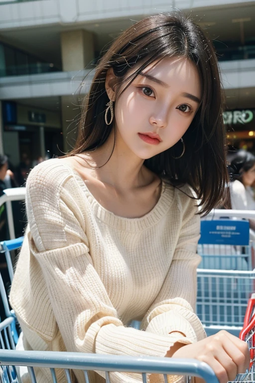 (2 pure Japanese girl,), (Small breasts:1.5,),(solo,,Textured skin, Detailed skin,Detailed face,Detailed eyes,detailed posing,Natural eyebrows,Sparkling Eyes,High detail, Highest quality, Super detailed, Surrealism, ,8k,RAW Photos,Photographicism,Professional Lighting,Ray Tracing,Portrait Photography,Soft Light),((「Black Hair, Natural Makeup,Simple earrings, Low Side Up,Bell sleeve sweater))),(((Pushing a packed shopping cart,Shopping Centre)))