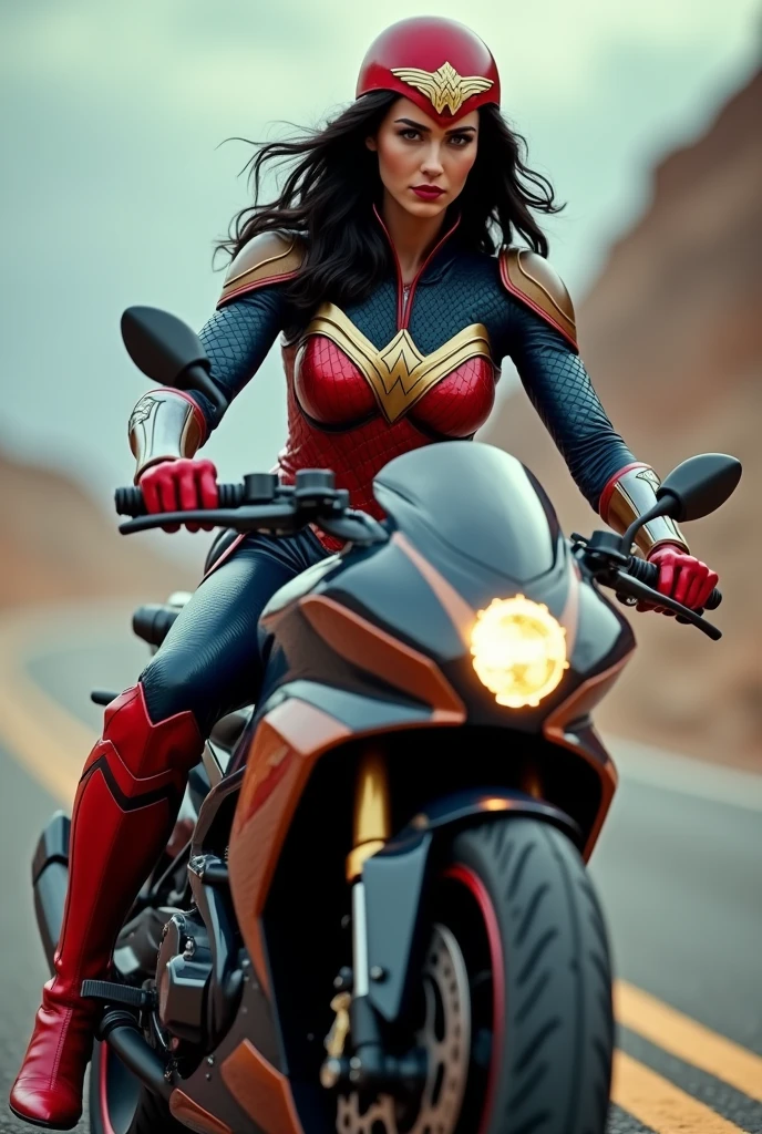 (((Extreme close-up of Wonder Woman wearing a navy blue leather jumpsuit with scales covering her neck,torso and forearms red corset in armor red helmet with a red star on her forehead long red boots up to her knees riding a large red futuristic high-displacement motorcycle Wonder Woman logos on the motorcycle)))