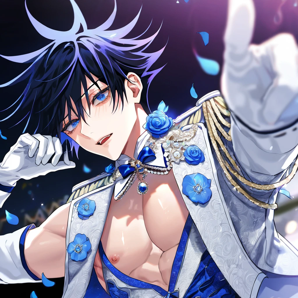 Ultra detailed, Highres, absurdres, HDR, master piece, Fushiguro Megumi, black hair, expressive blue eyes, Jujutsu Kaisen, sexy man, solo, idol, white idol clothes with trimmings, blue petals, glittering, white gloves, blue flowers, sensual, fantasy, idol stage, concert, horny, erotic, toned chest, close up