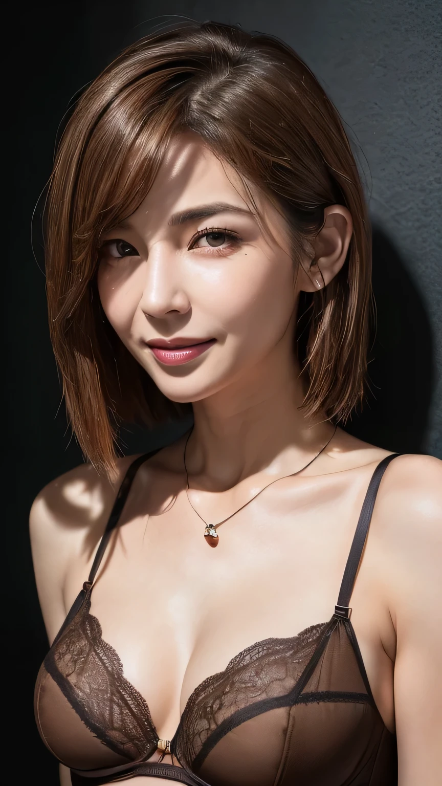 ((Highest quality, 8k, realistic photographic expression、masterpiece: 1.3))、（(Slender body:1.4)）、(((Beautiful middle-aged woman、50 year old Japanese matomically correct face、charisma)))、(Slim and toned waist:1.3),(((Very large sagging breasts)))、((A lot of brown hair、Perfectly styled short hair))、(())、((Satin lingerie with lace))、Perfect Makeup、((smile:1.2))、Thin legs, Small face with pointed chin、Rough skin、Long droopy eyes、(Wrinkles around the eyes:1.4)、necklace, (Professional cool lighting:1.3)、(Upper body shot:1.2)、cool and simple dark wall background、　