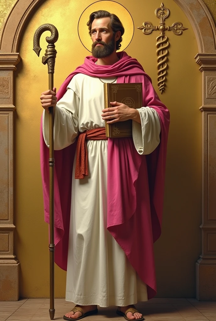 apostle saint matthew, patron of accounting, standing, with a white tunic and a pinkish red cloak, holding his gospel with his left hand, holding his staff in his right hand, and in the background a golden wall with a symbol "caduceus painted on the side"