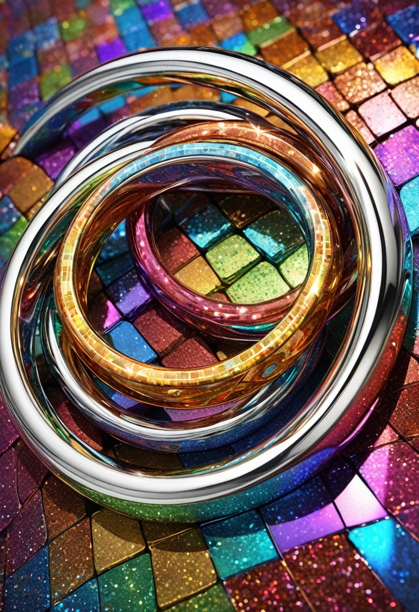 conceptual installation art, chrome-plated puzzle rings, colorful mosaic patterns of many colors, rusty puzzle rings, (ultra detailed, absolutely resolution, best quality:1.3), 2.5D, delicate and dynamic effects, glitter effects, artistic, artistic photography, hyper realistic, CG digital art