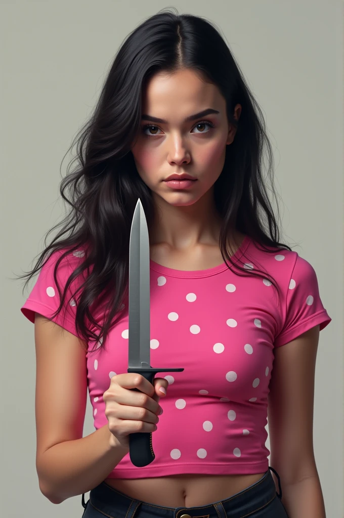 Sabrina Carpenter holding a knife wearing a pink t-shirt with polka dots
