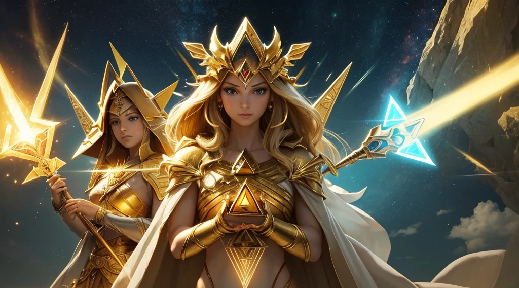 "A detailed and symbolic depiction of the Triforce from The Legend of Zelda. The Triforce is presented as a radiant, triangular symbol composed of three interconnected triangles, each glowing with a golden light. The individual triangles are arranged in a larger triangle, with each small triangle representing one of the three virtues: Power, Wisdom, and Courage. The golden light emanates from the Triforce, casting a warm, ethereal glow that highlights its intricate, geometric edges and the subtle engravings on its surface. The background is a dark, starry sky or a mystical, ancient setting, enhancing the Triforce's divine and otherworldly presence. The overall effect is one of sacred and powerful magic, symbolizing the balance and harmony of the three virtues it represents."