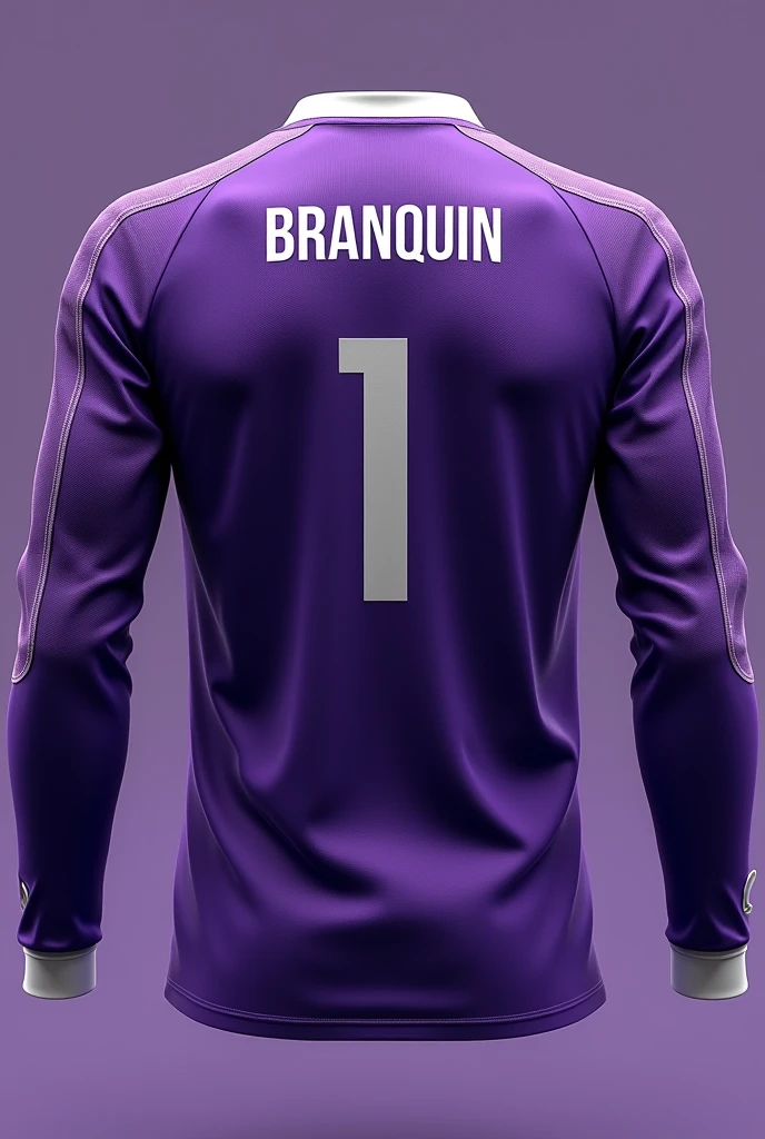 Create the front of a purple goalkeeper jersey, long sleeve with a small bar in white, common collar also in white, with the number 1 on the back below the name branquin written in block letters, create the image without using a mannequin