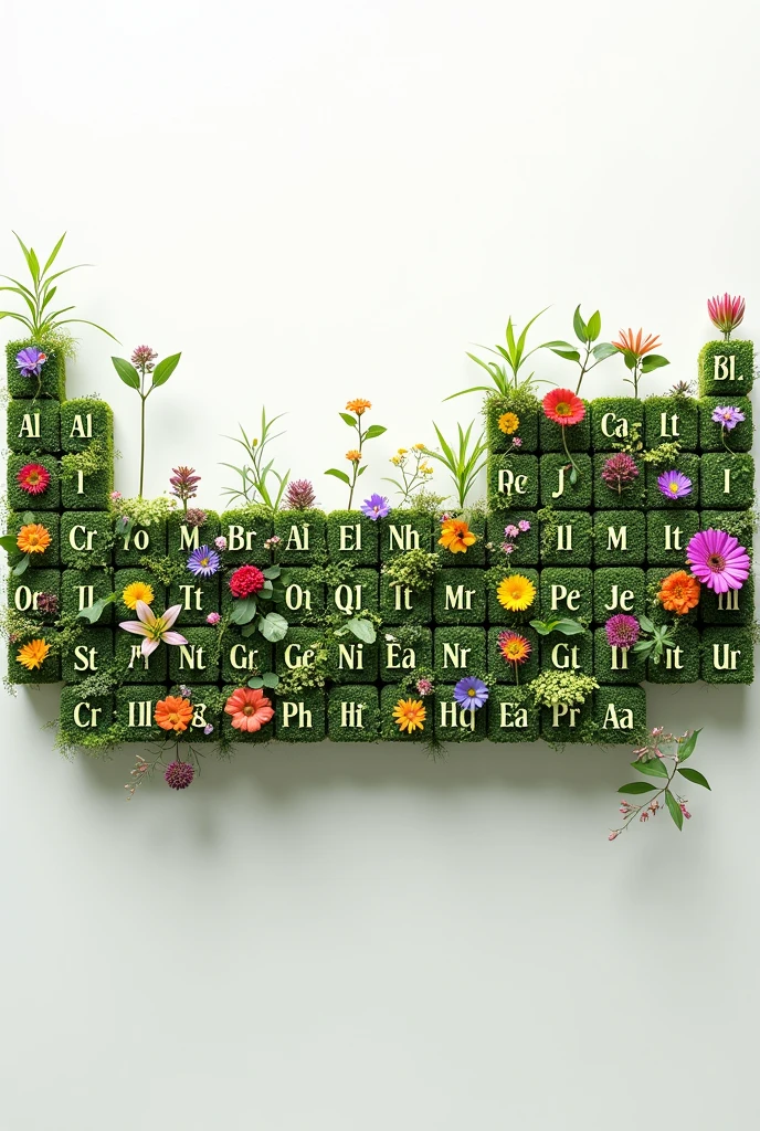 Periodic table with pictures of plants，The grid contains plant images and chemical element letters