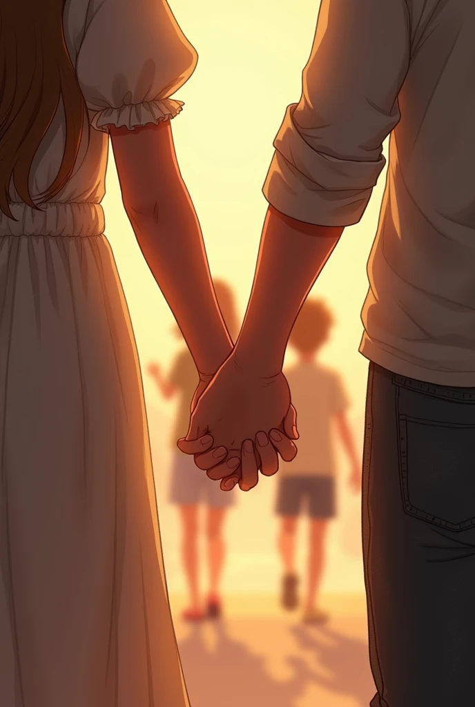 A girl and a boy holding hands in the background and as a central object two hands holding together as if the background were of them standing with their backs turned walking holding hands and both hands looking large as the central object(only hands alone)