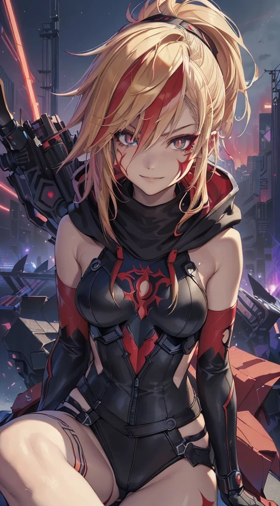 top-quality、Top image quality、masterpiece、evil girl with((18year old、Red, black and blue glowing cyber suit, falda corta, blonde hair streaked with red, black and blues hihlights, mystical,、Shining Cyber White Hoodie、Best Bust、Bust 90、Blonde Away Tail、Red Eyes、Valley、A slender、 insane smile、Red Face tattoo Paint、Black scarf、Reflecting the whole body、Slouch action))hiquality、Beautiful Art、Background with((nightcity、cyberpunked、nightclubasutepiece、Elaborate design、visualart、